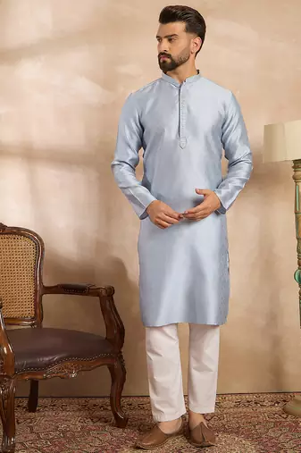 Men blue polyester solid embroidered straight kurta