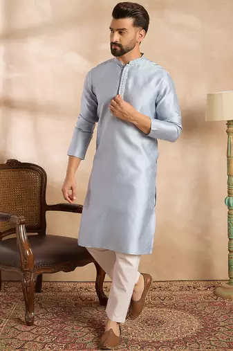 Men blue polyester solid embroidered straight kurta