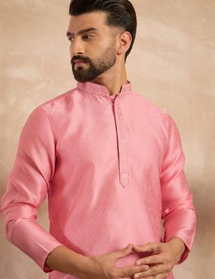 Men pink polyester solid embroidered straight kurta 1