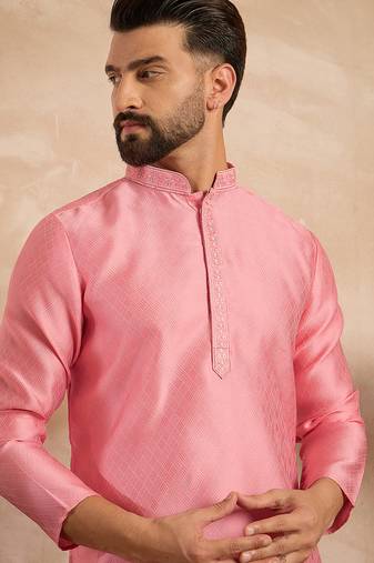 Men pink polyester solid embroidered straight kurta