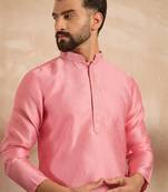 Men pink polyester solid embroidered straight kurta