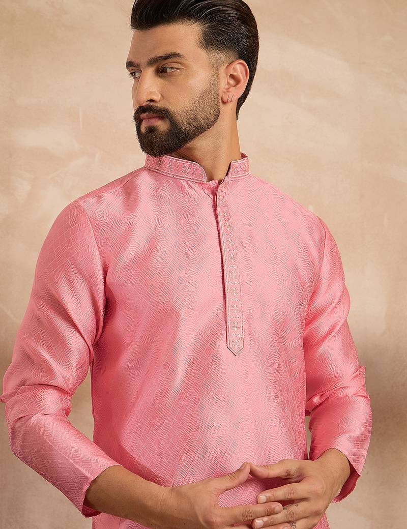Men pink polyester solid embroidered straight kurta