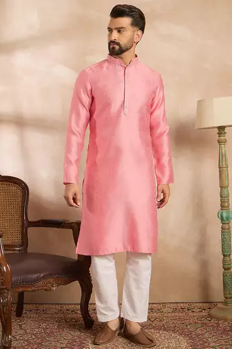 Men pink polyester solid embroidered straight kurta