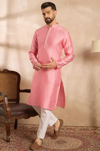 Men pink polyester solid embroidered straight kurta