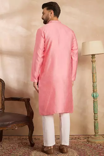 Men pink polyester solid embroidered straight kurta