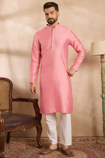 Men pink polyester solid embroidered straight kurta