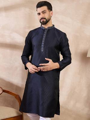 Men navy blue silk blend solid woven design straight kurta 1