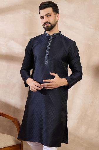 Men navy blue silk blend solid woven design straight kurta