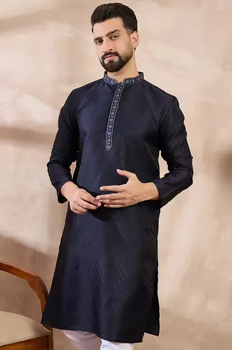 Men navy blue silk blend solid woven design straight kurta