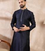 Men navy blue silk blend solid woven design straight kurta