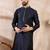 Men navy blue silk blend solid woven design straight kurta
