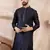 Men navy blue silk blend solid woven design straight kurta