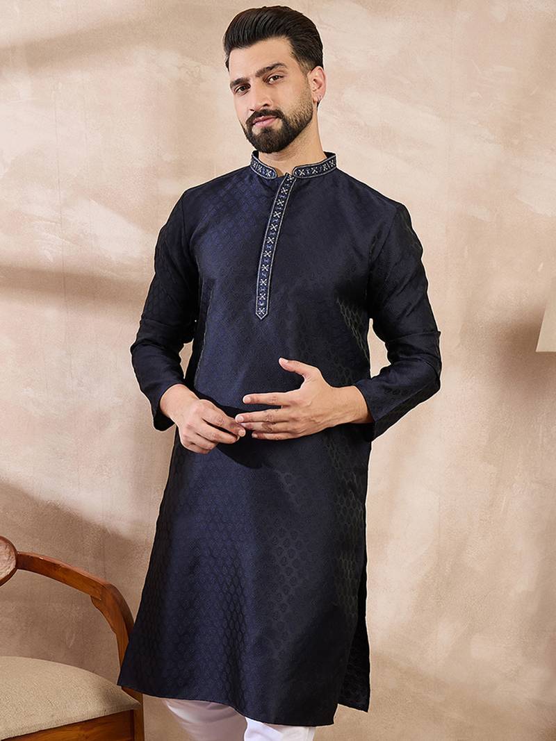 Men navy blue silk blend solid woven design straight kurta