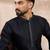 Men navy blue silk blend solid woven design straight kurta