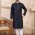 Men navy blue silk blend solid woven design straight kurta