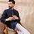 Men navy blue silk blend solid woven design straight kurta