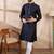 Men navy blue silk blend solid woven design straight kurta