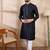 Men navy blue silk blend solid woven design straight kurta
