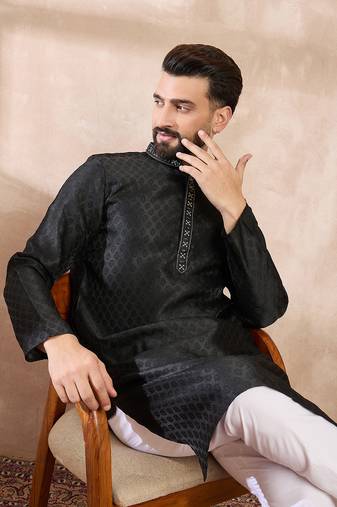 Men black silk blend solid woven design straight kurta