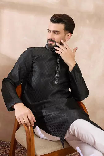 Men black silk blend solid woven design straight kurta