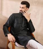 Men black silk blend solid woven design straight kurta
