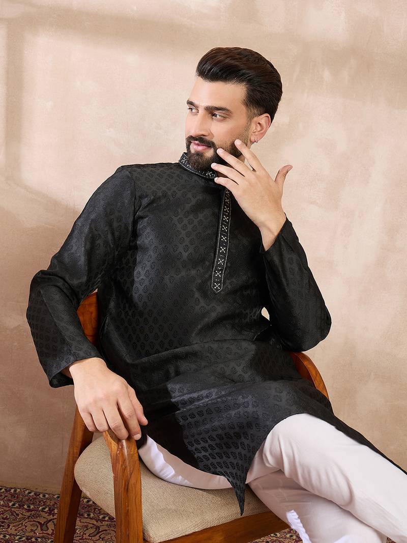 Men black silk blend solid woven design straight kurta