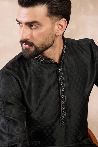 Men black silk blend solid woven design straight kurta