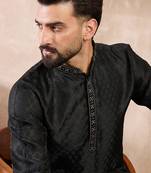Men black silk blend solid woven design straight kurta