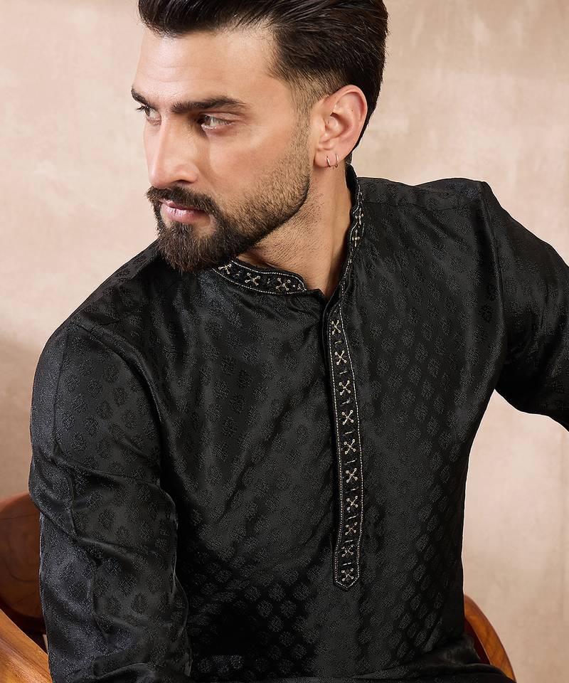 Men black silk blend solid woven design straight kurta