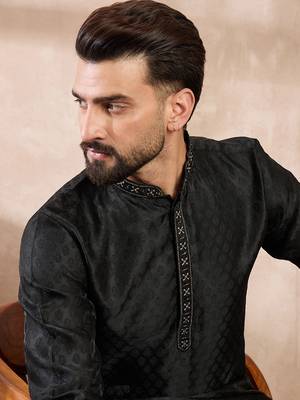 Men black silk blend solid woven design straight kurta 2