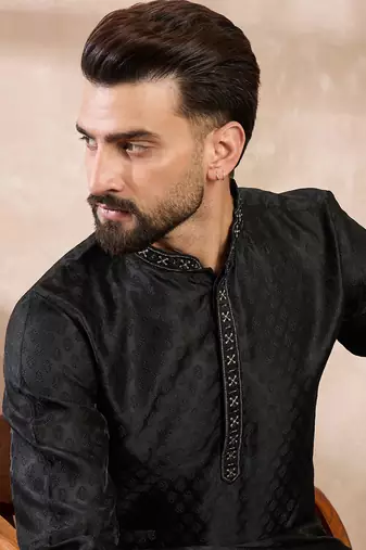 Men black silk blend solid woven design straight kurta