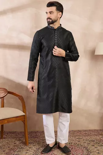 Men black silk blend solid woven design straight kurta