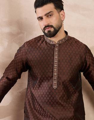 Men brown silk blend solid woven design straight kurta 1