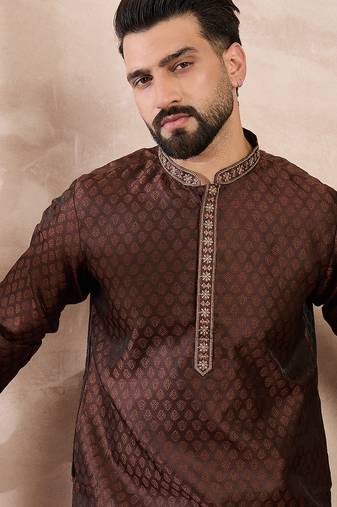 Men brown silk blend solid woven design straight kurta