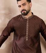 Men brown silk blend solid woven design straight kurta