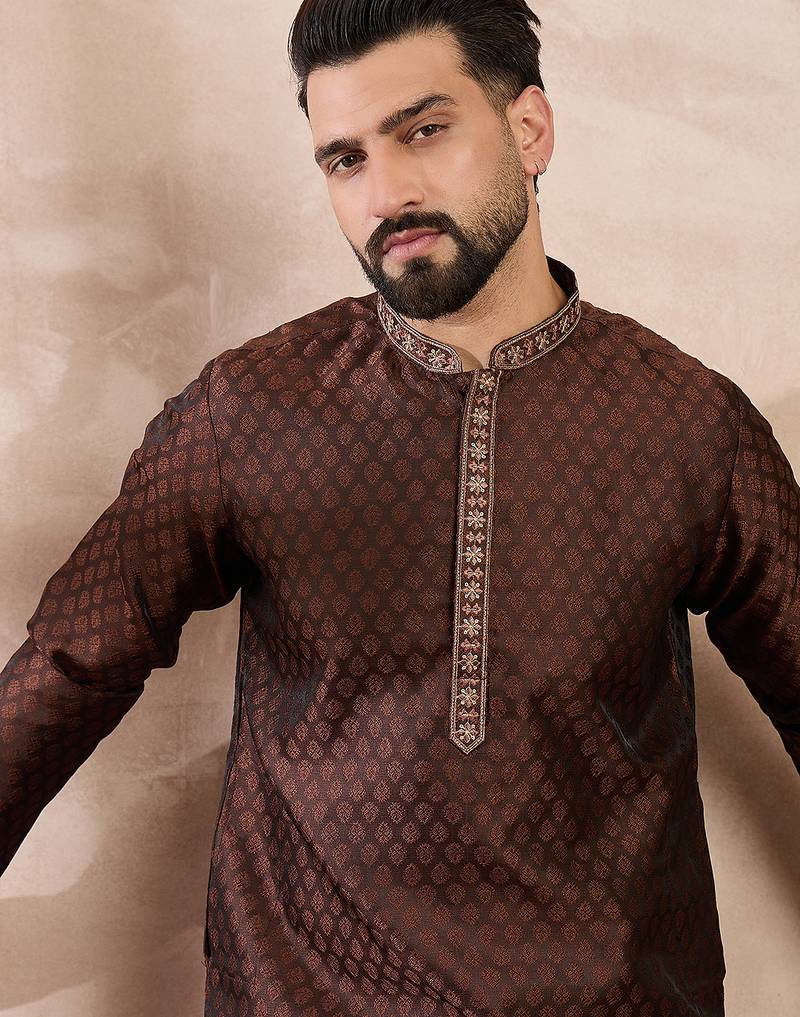 Men brown silk blend solid woven design straight kurta
