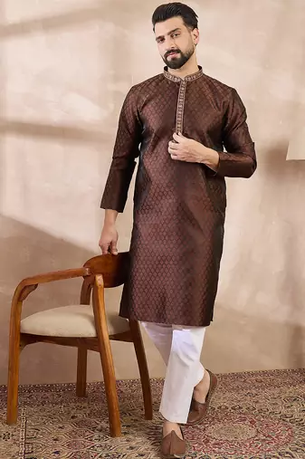 Men brown silk blend solid woven design straight kurta