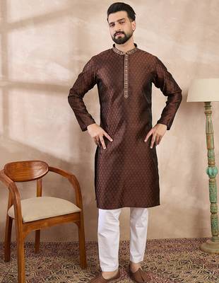 Men brown silk blend solid woven design straight kurta 5
