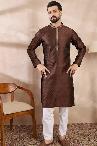 Men brown silk blend solid woven design straight kurta