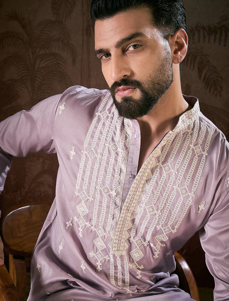 Men lavender silk blend solid embroidered straight kurta