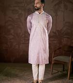 Men lavender silk blend solid embroidered straight kurta
