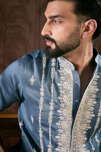 Men blue silk blend solid embroidered straight kurta