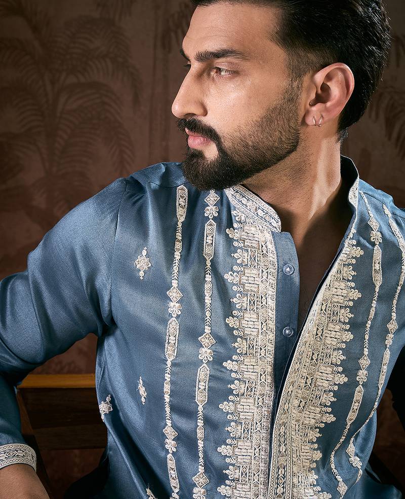 Men blue silk blend solid embroidered straight kurta