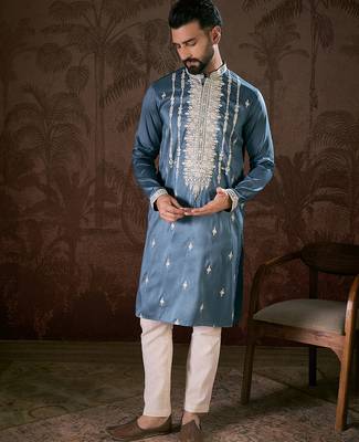 Men blue silk blend solid embroidered straight kurta 2