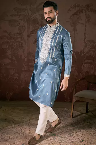 Men blue silk blend solid embroidered straight kurta