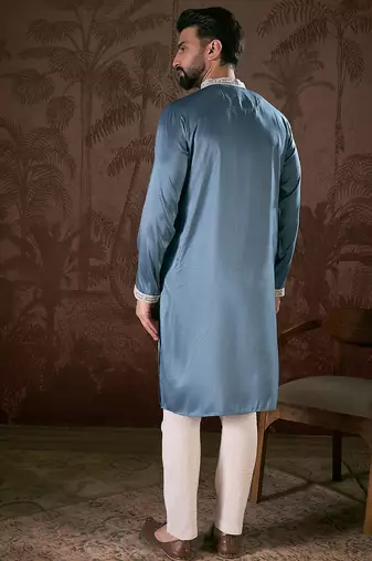 Men blue silk blend solid embroidered straight kurta