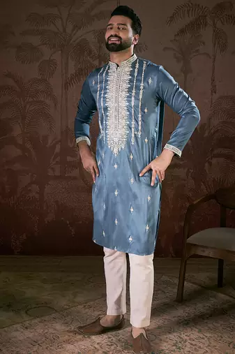 Men blue silk blend solid embroidered straight kurta