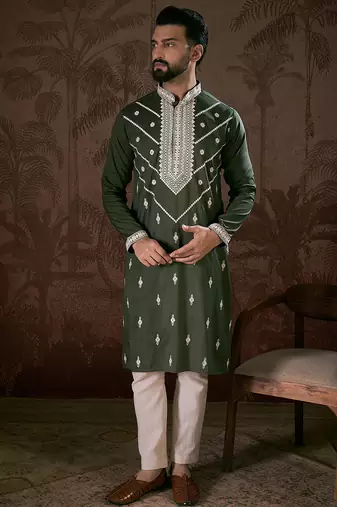 Men green silk blend solid embroidered straight kurta