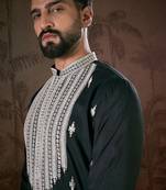 Men black silk blend solid embroidered straight kurta