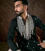 Men black silk blend solid embroidered straight kurta